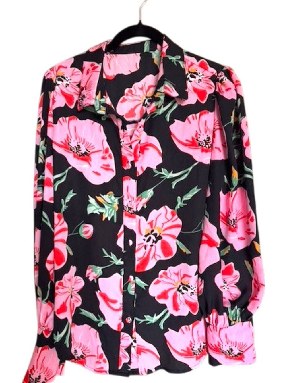 Long Sleeve Blouse Black with Pink Flowers Covered Buttons Size Large #5